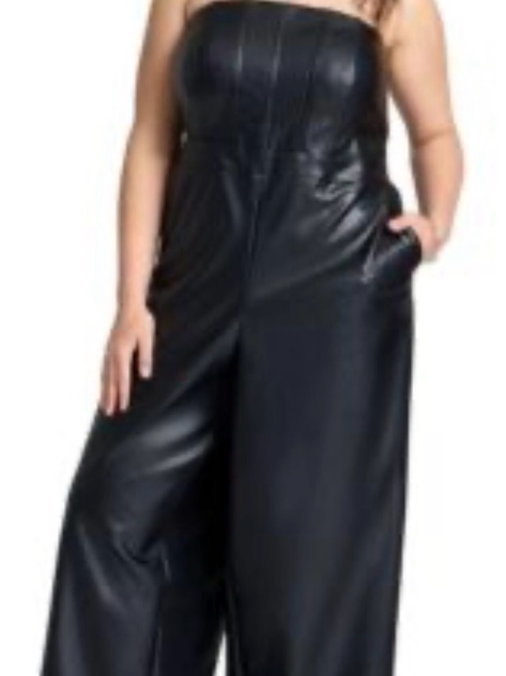 ELOQUII Black Faux Leather Wide-Leg Strapless Jumpsuit
